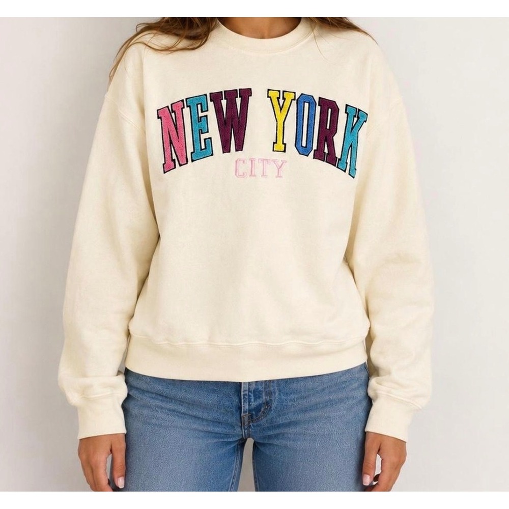 New York Popular NYC Multicolor Embroidered Crewneck Sweatshirt Cream Medium